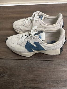 New Balance Cream Suede Sneakers with Blue 'N' Accent